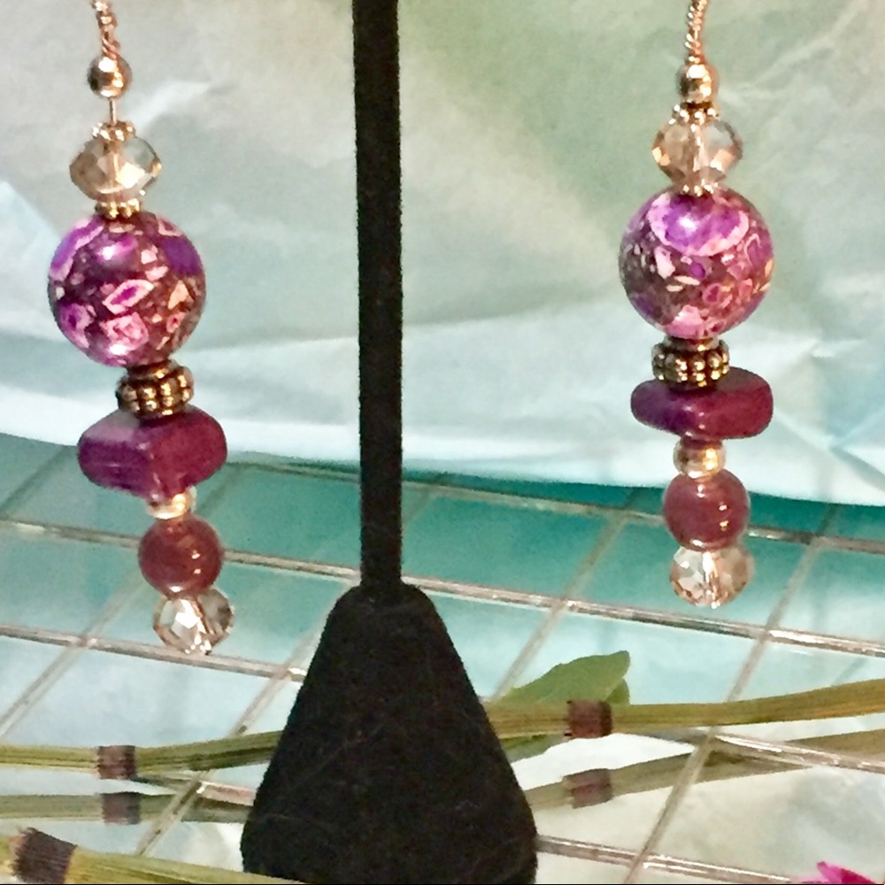 🇺🇸Purple & Pink Marble Bead Earrings Handmade - Picture 4 of 4